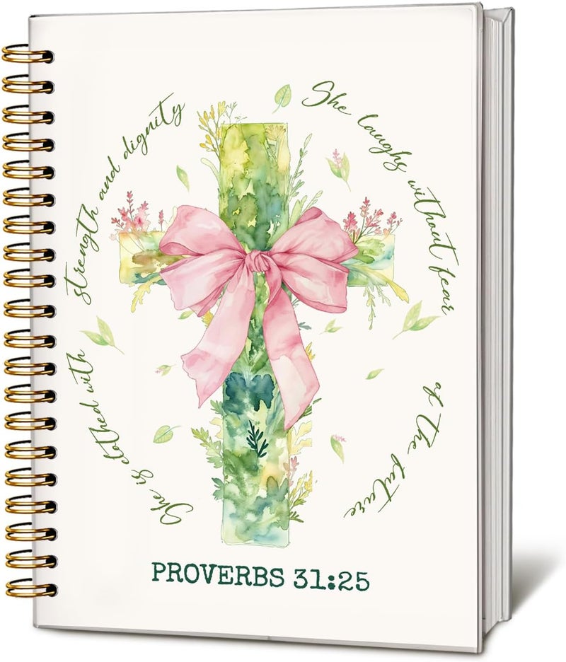 WLIANG Floral Cross with Pink Bow Spiral Bible Notebook,Proverbs 31 Woman Gift - Church Notes Notebook for Note Taking, Bible Study Journal for Women, Christian Hardcover Lined Notebook 5.5 x 8.3 - Image 1